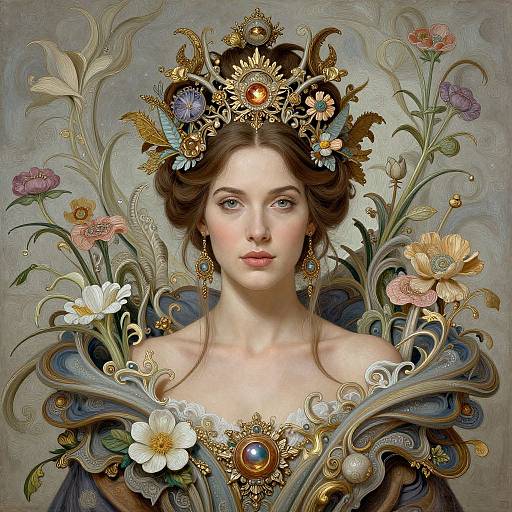 Digital painting of a fair-skinned, blue-eyed woman with intricate floral crown, ornate dress, and jewelry, surrounded by elegant flowers.