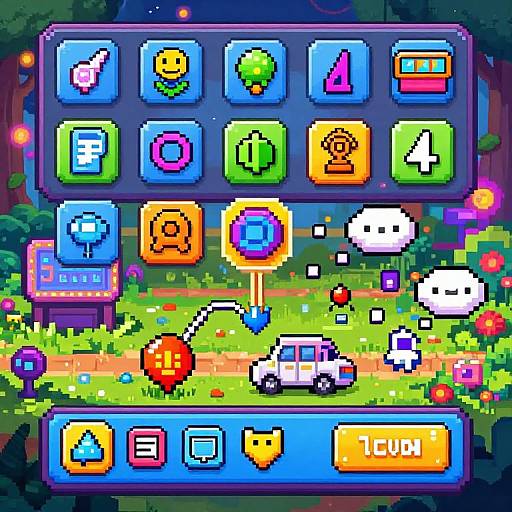 Pixel art game interface with vibrant, colorful icons of items and characters on a lush, flower-filled forest background, featuring a white car and two white creatures