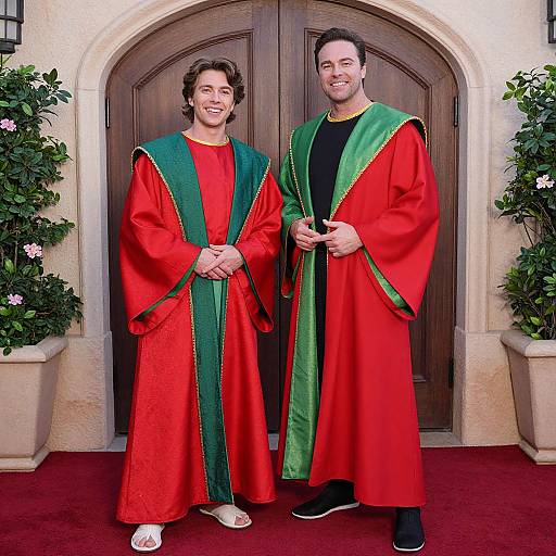 Photograph of two smiling men in red and green academic gowns standing in front of a wooden arched door, flanked by potted plants.