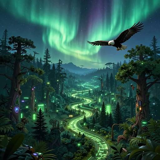 Digital artwork of a luminous, winding forest road beneath vibrant green and purple auroras, with a soaring eagle and glowing trees.