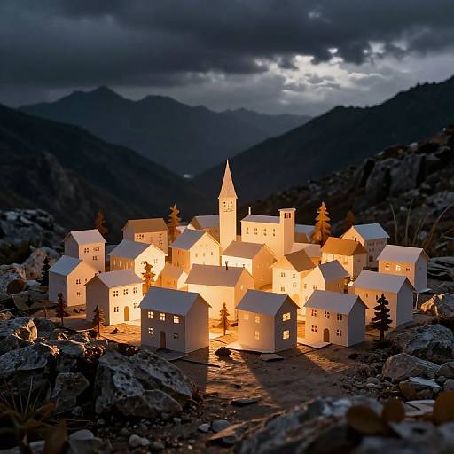 Illuminated Paper Village in Mountains