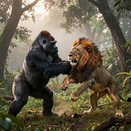 Photograph of a fierce battle between a towering black gorilla and a roaring, maneed male lion in a dense, sunlit jungle.