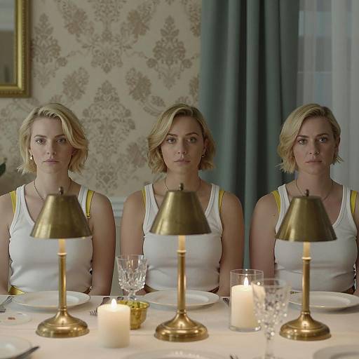 Three Blonde Women Sitting at Table with Lamps and Candles