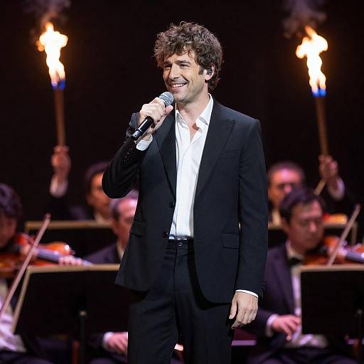 Smiling Crooner on Torchlit Stage