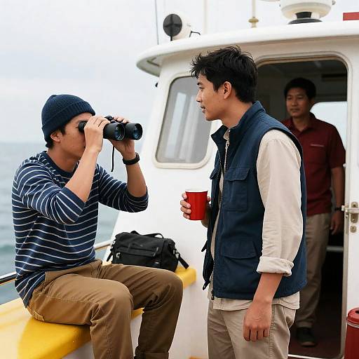 Three Men on Boat with Binoculars and Red Cup