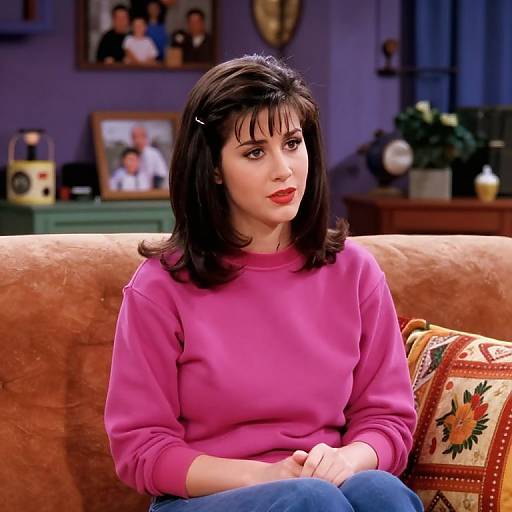 Photograph of a Caucasian woman with dark brown hair, red lipstick, pink sweater, and blue jeans, sitting on a brown couch, with a colorful