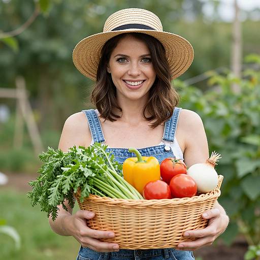 Photograph of a smiling woman in denim overalls and straw hat, holding a wicker basket of fresh vegetables in a lush garden.