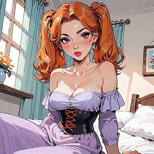 Digital anime-style drawing of a red-haired woman with pigtails, wearing an off-shoulder white dress with a black corset, sitting on