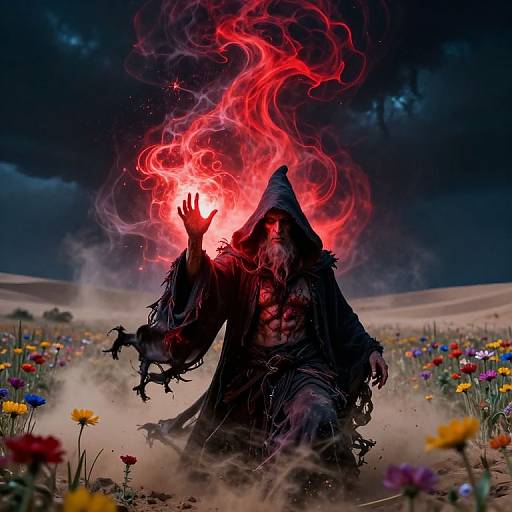 Digital artwork: Dark, muscular figure with tattered hood and glowing red aura of fire, standing in vibrant flower field under stormy sky.