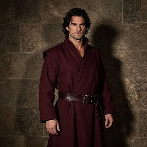 Photograph of a muscular, dark-haired man with a serious expression, wearing a dark brown robe with a belt, standing against a textured stone wall.