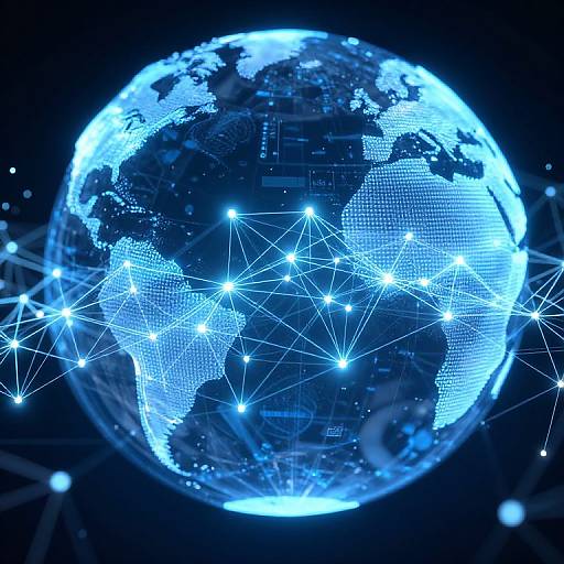 Digital artwork of a glowing blue Earth with interconnected white dots forming a network across continents, set against a dark background.