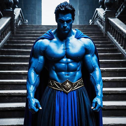 Muscular Blue-Skinned Male with Cape on Stone Stairs