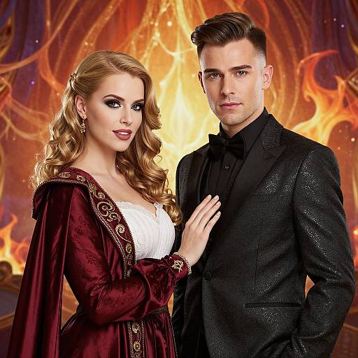 Photograph of a blonde woman in a deep red velvet gown with white bodice, and a dark-haired man in a black glitter suit, standing against