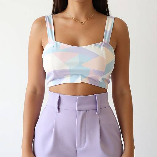 Photograph of a woman with long dark hair, wearing a pastel geometric crop top and high-waisted lavender pants, against a white background.