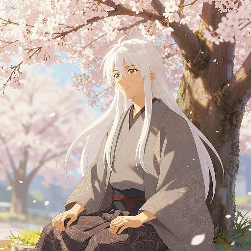Anime-style digital illustration of a serene, long-haired white-haired woman in a gray kimono, sitting under a blooming cherry blossom tree, bathed
