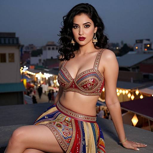 Photograph of a curvy woman with dark curly hair, wearing a red and gold embroidered bra and skirt, sitting on a rooftop at dusk, with
