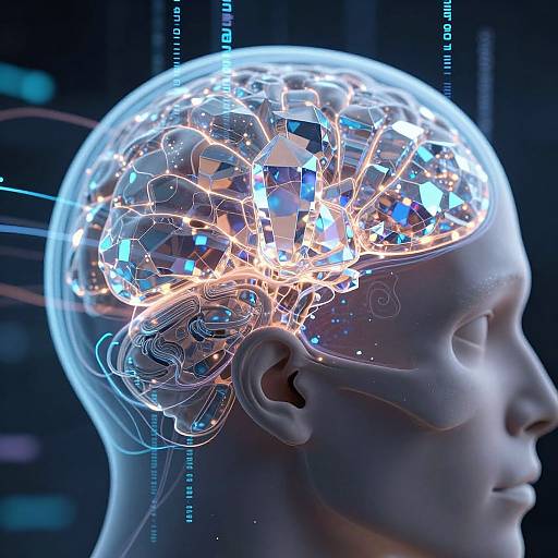 Digital artwork of a transparent human head with illuminated, interconnected blue and orange neural nodes against a dark, tech-filled background.