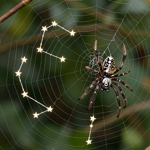 Photograph of a black and white patterned spider with yellow eyes on a glowing star-patterned web against a blurred green background.