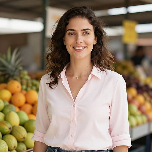 Photograph of a smiling woman with wavy brown hair, wearing a white button-up shirt, standing in a brightly lit fruit market with oranges and green