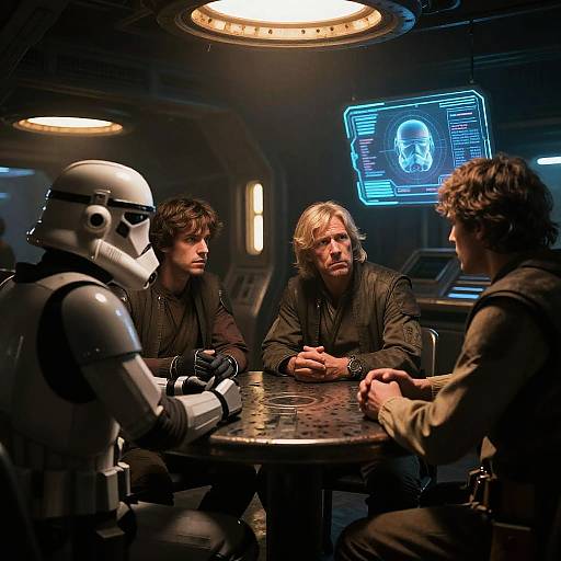 Photograph of four men, including a Stormtrooper, in a dimly lit sci-fi setting, seated around a table under a neon hologram