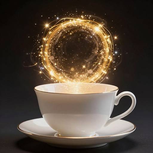 Photograph of a white teacup with golden, sparkly, glowing ring floating above it on a dark background.