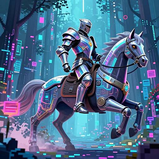 Digital art of a futuristic, armored knight riding a glowing, cybernetic white horse in a neon-lit, pixelated forest. Bright blue,