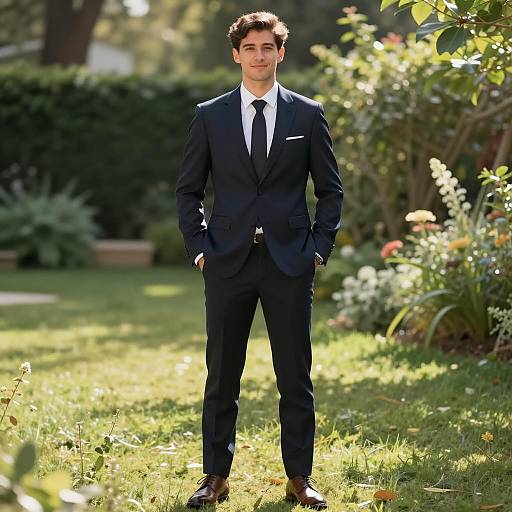 Young Man in Navy Blue Suit in Garden