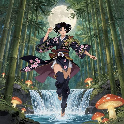 Anime-style digital artwork of a black-haired person in a floral kimono, leaping over a waterfall in a bamboo forest with glowing mushrooms. Full moon