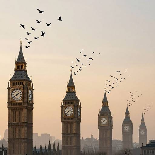 Photograph of London's Big Ben clock towers silhouetted against a pastel sunset, with a flock of black birds flying above.