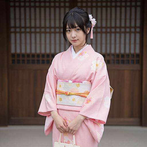 Photograph of an East Asian woman with black hair in a pink floral kimono, standing in front of a traditional wooden shoji screen, hands gracefully