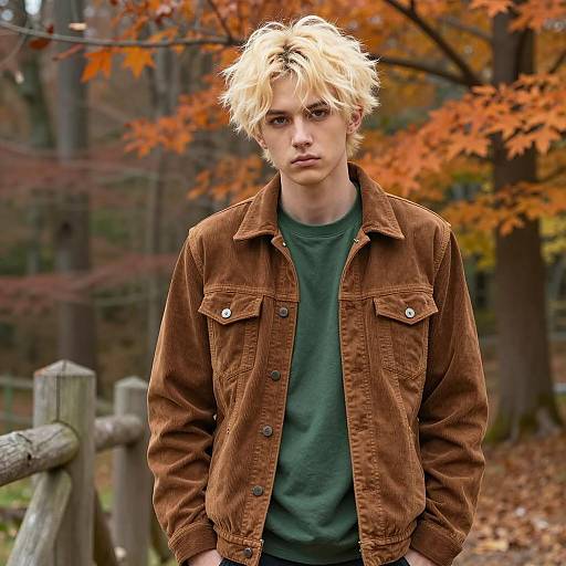 Young Man in Brown Corduroy Jacket in Autumn Forest
