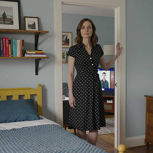 Woman in Polka Dot Dress Standing in Doorway