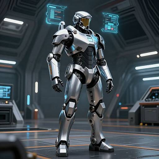 CGI image of a silver, futuristic, humanoid robot with glowing blue holographic symbols above its head, standing in a dark, industrial sci-fi room