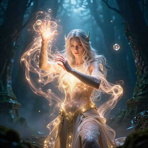Digital fantasy artwork of a white-haired, ethereal elf woman conjuring bright magic in a dark, misty forest, wearing a glowing, ornate
