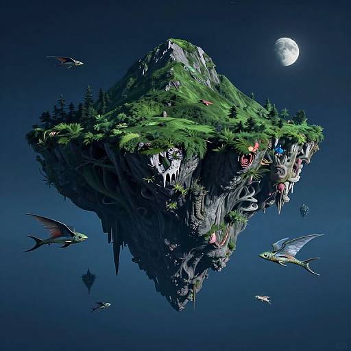 Fantasy digital art: floating island with lush greenery, colorful fish-like creatures, and a full moon in a dark blue night sky.