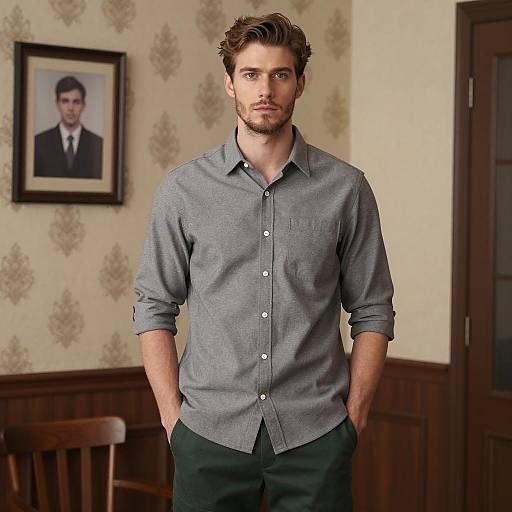 Serious Young Man in Gray Shirt