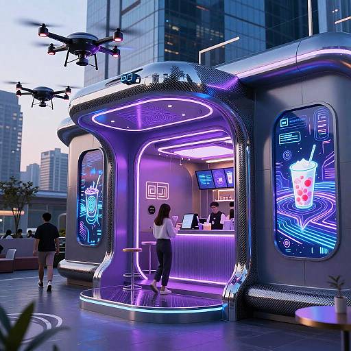 Futuristic Cafe with Levitating Entrance