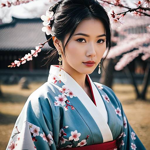 Woman in Traditional Korean Outfit with Cherry Blossoms
