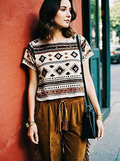 Bohemian Woman Wearing Ethnic Patterned Top and Suede Pants