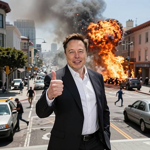 Photograph of a smiling middle-aged man in a black suit and white shirt, giving a thumbs-up in front of a city street with large orange explosion