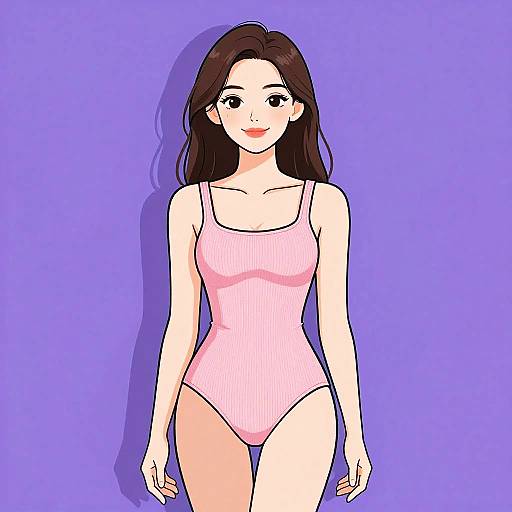 Digital anime-style drawing of a smiling young woman with long brown hair, wearing a pink ribbed one-piece swimsuit, against a solid purple background.