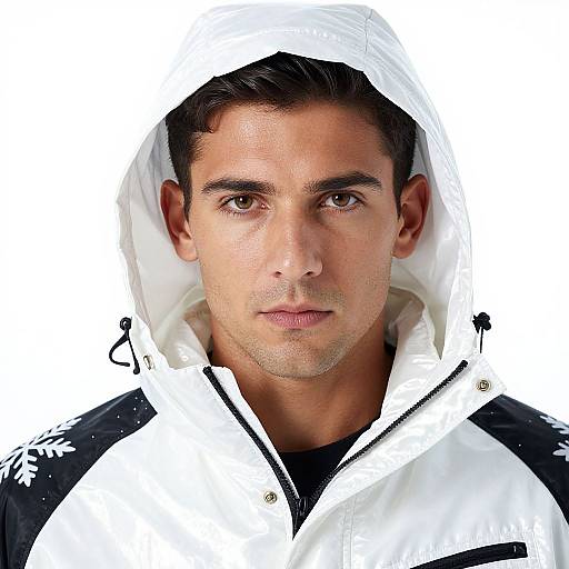 Photograph of a handsome, fair-skinned man with short dark hair, wearing a white hooded jacket, black shirt, and intense gaze. White
