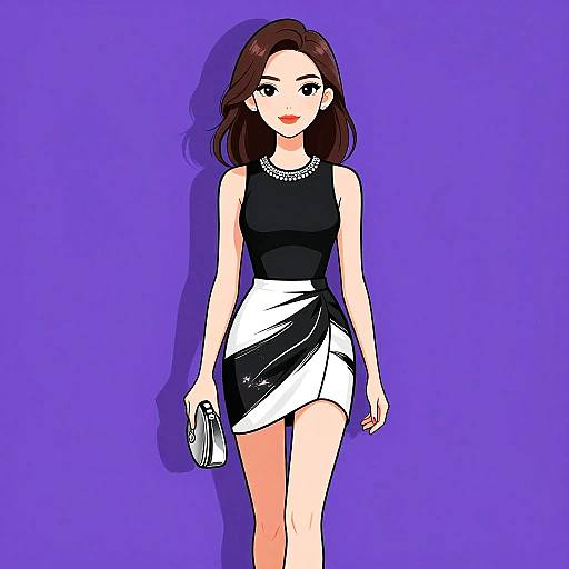 Digital anime-style drawing of a brown-haired woman in a black sleeveless top and white-black asymmetrical skirt, holding a silver clutch, against a solid