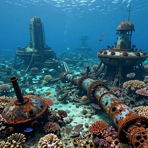 Photograph of an underwater shipwreck covered in coral, rusted pipes, and marine life, with blue water and small orange fish.