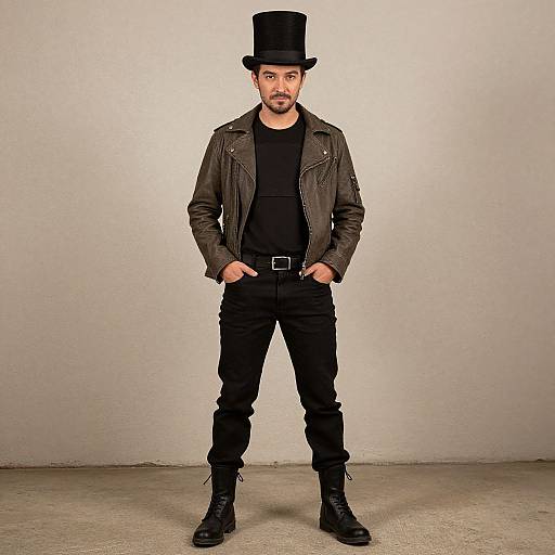 Photograph of a bearded man in a black top hat, black leather jacket, black shirt, black pants, and boots, standing confidently against a