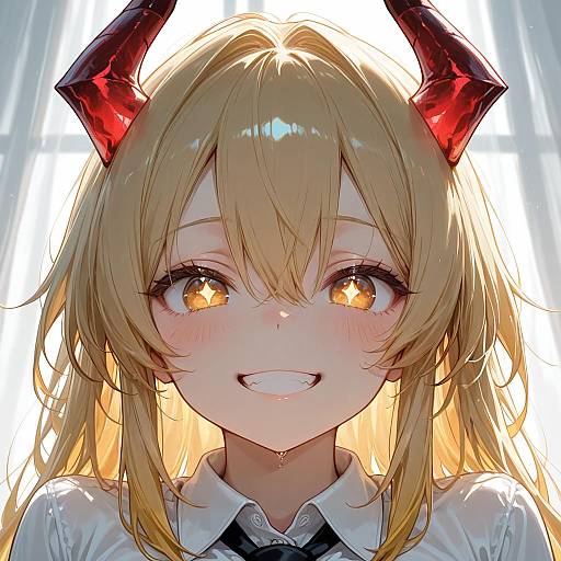 Blonde Girl with Red Horns Grinning