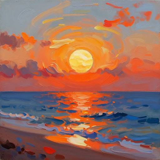 Vibrant oil painting of a sunset over the ocean, with bright orange sun, red and orange clouds, and blue waves reflecting sunlight.