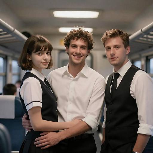 Three Men in Train Compartment Portrait
