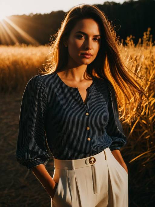 Woman in Chic Navy Blue Blouse and White Culottes