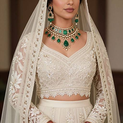 Photograph of a South Asian bride in an ornate white lace lehenga and veil, adorned with green gemstone jewelry, showcasing intricate embroidery and a